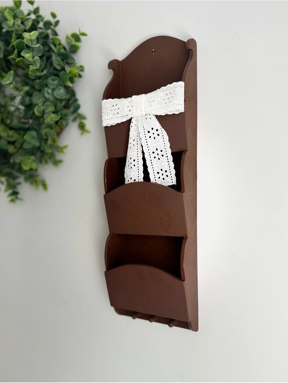 Vintage Brown Wall Mail & Key Organizer with White Eyelet Lace Accent
